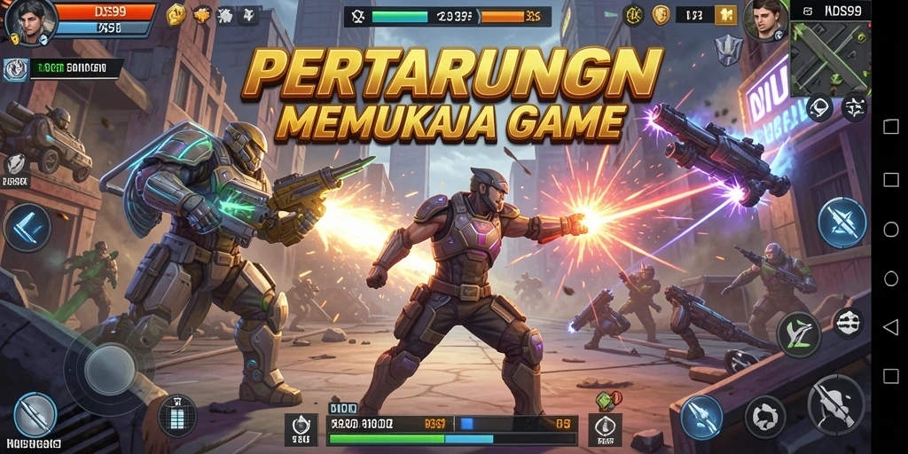 Screenshot utama DS99 menunjukkan pertarungan epik dengan karakter yang mengagumkan.