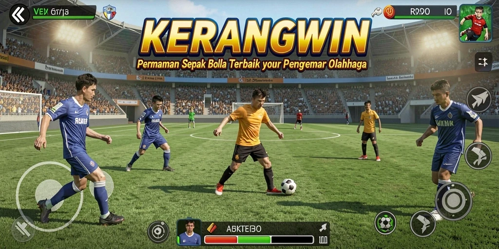 Tangkapan layar KERANGWIN menampilkan aksi dinamis pertandingan sepak bola.